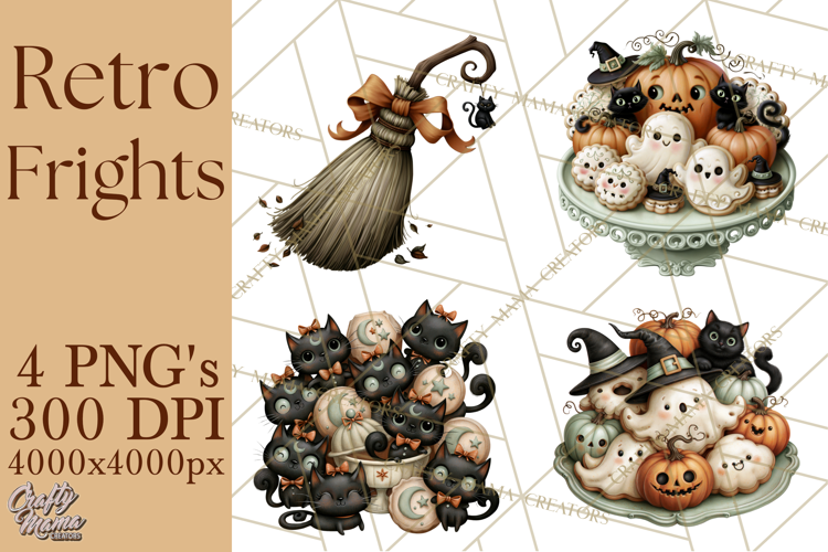 Vintage Halloween Clipart PNG, Halloween Retro Characters