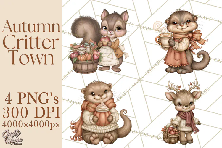 Autumn Critter Town Clipart PNG, Fall Cottage Animal Town