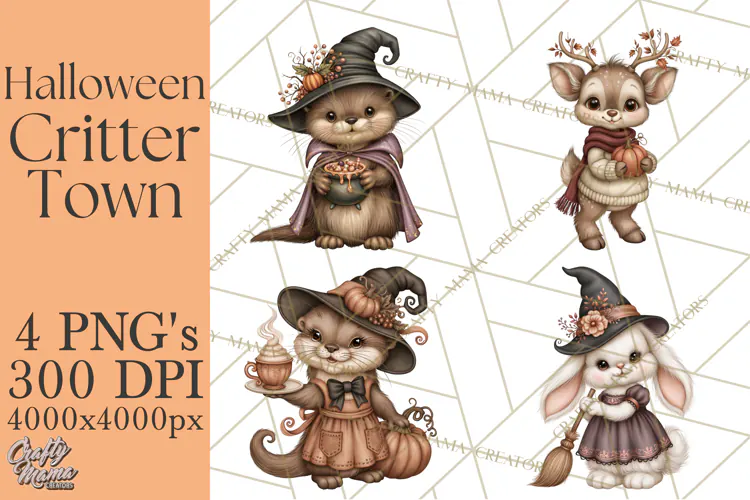 Halloween Critter Town Clipart PNG, Spooky Cottage Animals