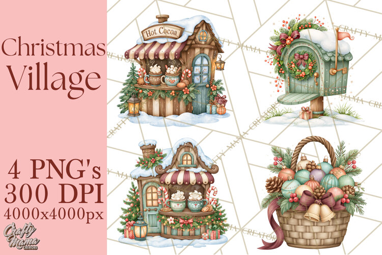 Christmas Village Clipart PNG, Winter Holiday Cottage Town example image 1