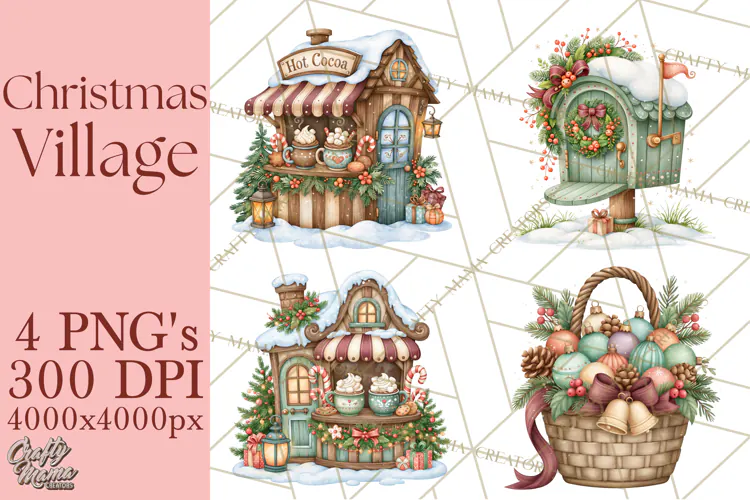 Christmas Village Clipart PNG, Winter Holiday Cottage Town