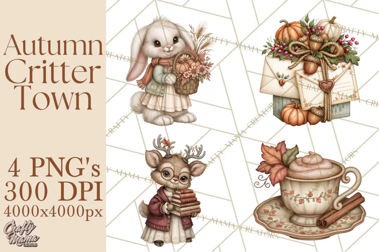 Autumn Critter Town Clipart PNG, Fall Cottage Animal Town