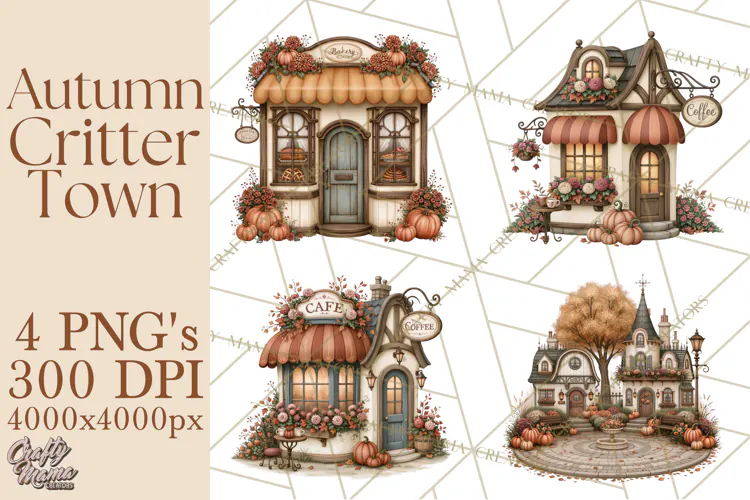 Autumn Critter Town Clipart PNG, Fall Cottage Animal Town