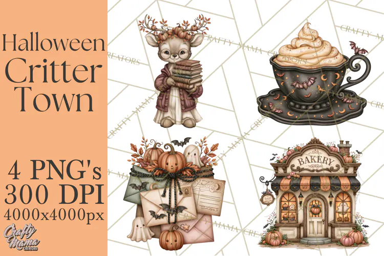 Halloween Critter Town Clipart PNG, Spooky Cottage Animals