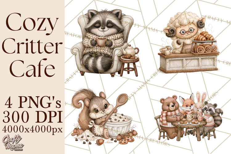Cozy Critter Cafe Clipart PNG, Cozy Woodland Animals