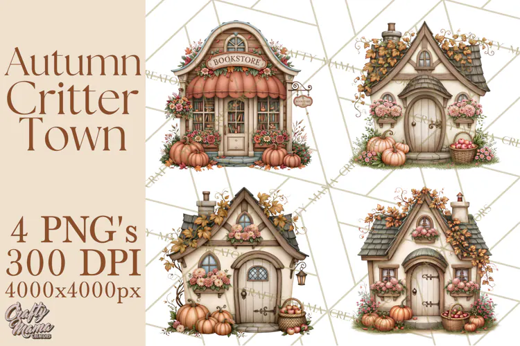 Autumn Critter Town Clipart PNG, Fall Cottage Animal Town