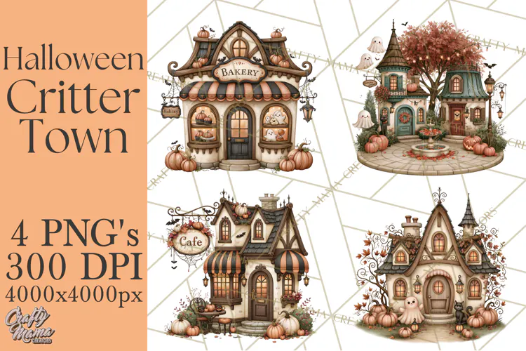 Halloween Critter Town Clipart PNG, Spooky Cottage Animals