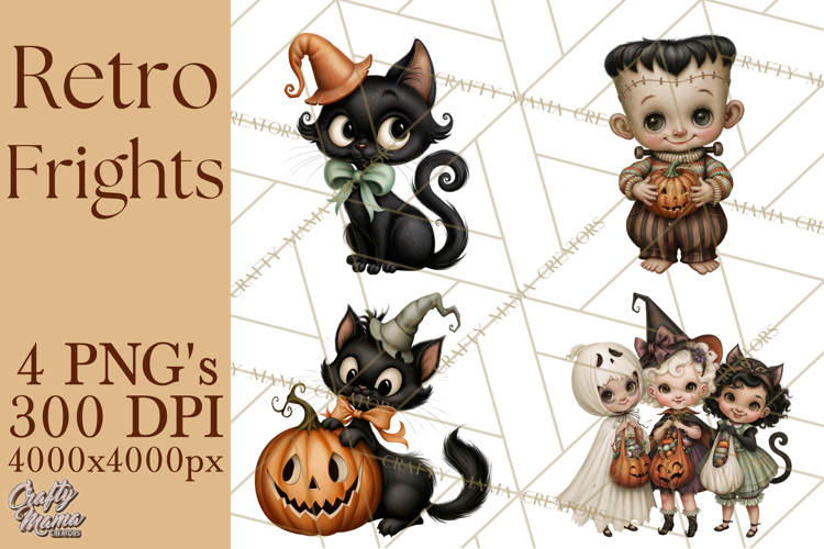 Vintage Halloween Clipart PNG, Halloween Retro Characters