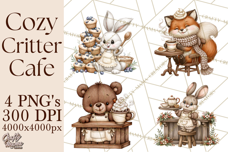 Cozy Critter Cafe Clipart PNG, Cozy Woodland Animals