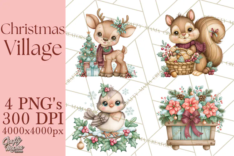 Christmas Village Clipart PNG, Winter Holiday Cottage Town