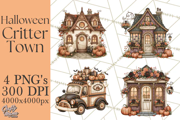 Halloween Critter Town Clipart PNG, Spooky Cottage Animals