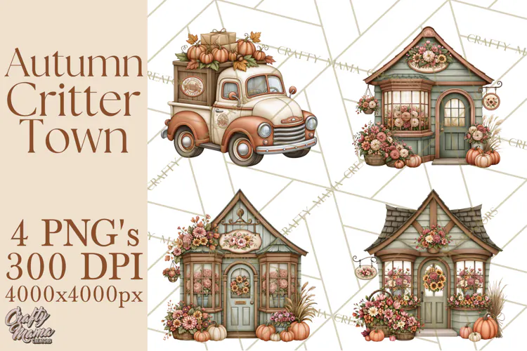 Autumn Critter Town Clipart PNG, Fall Cottage Animal Town