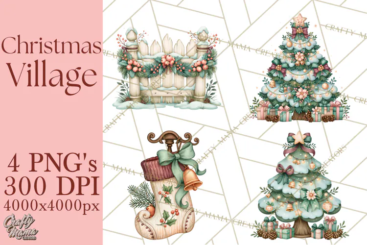 Christmas Village Clipart PNG, Winter Holiday Cottage Town