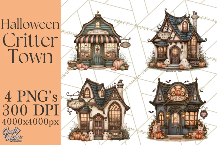 Halloween Critter Town Clipart PNG, Spooky Cottage Animals