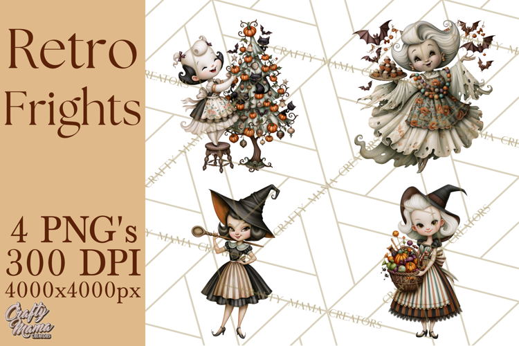 Vintage Halloween Clipart PNG, Halloween Retro Characters
