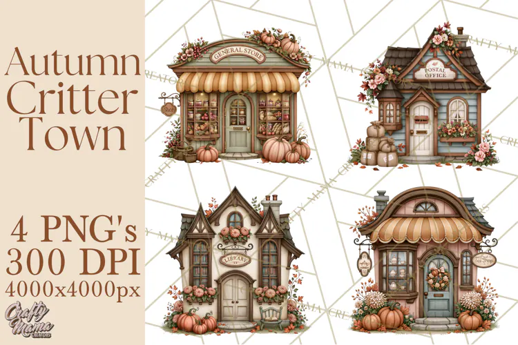 Autumn Critter Town Clipart PNG, Fall Cottage Animal Town