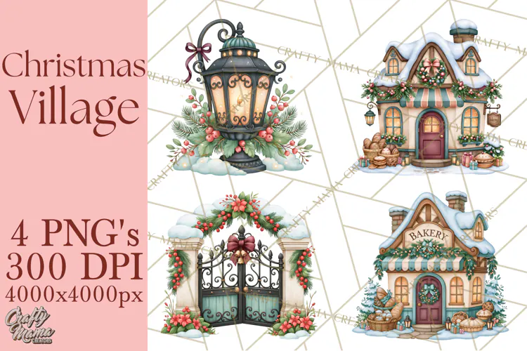 Christmas Village Clipart PNG, Winter Holiday Cottage Town