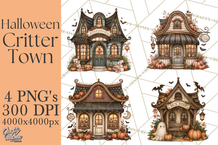 Halloween Critter Town Clipart PNG, Spooky Cottage Animals example image 1