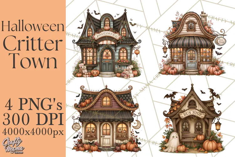 Halloween Critter Town Clipart PNG, Spooky Cottage Animals