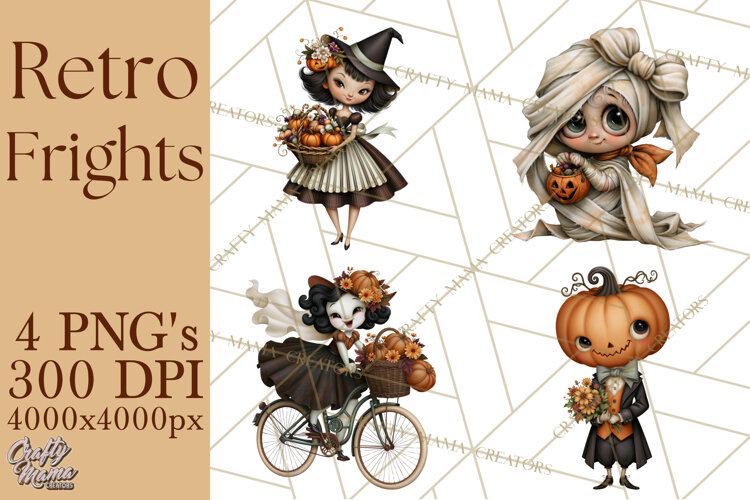 Vintage Halloween Clipart PNG, Halloween Retro Characters example image 1