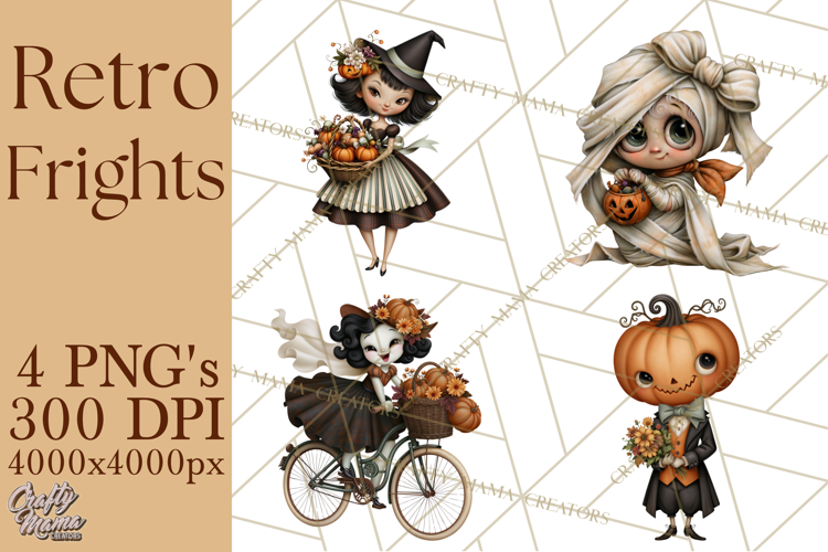 Vintage Halloween Clipart PNG, Halloween Retro Characters