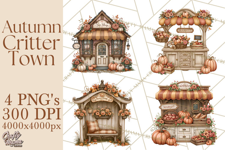 Autumn Critter Town Clipart PNG, Fall Cottage Animal Town example image 1