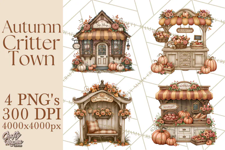 Autumn Critter Town Clipart PNG, Fall Cottage Animal Town