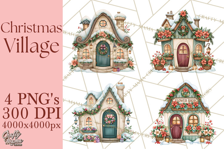 Christmas Village Clipart PNG, Winter Holiday Cottage Town example image 1