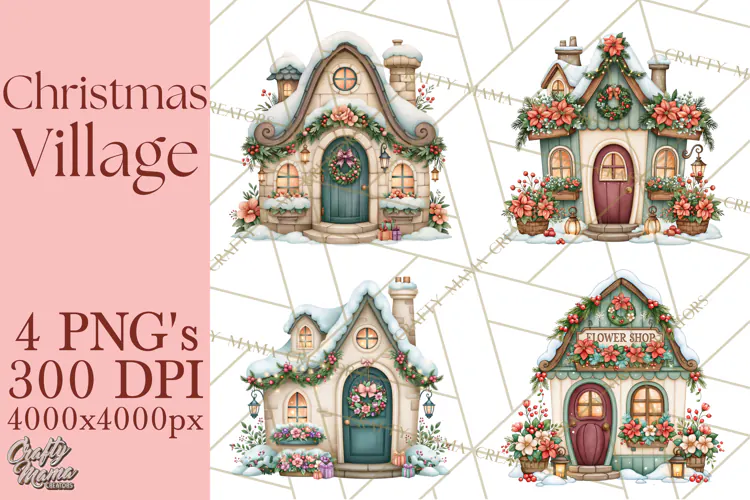 Christmas Village Clipart PNG, Winter Holiday Cottage Town