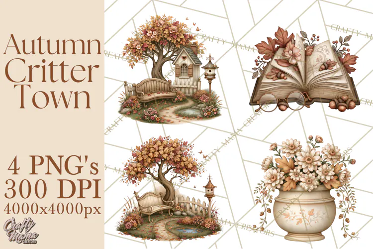 Autumn Critter Town Clipart PNG, Fall Cottage Animal Town