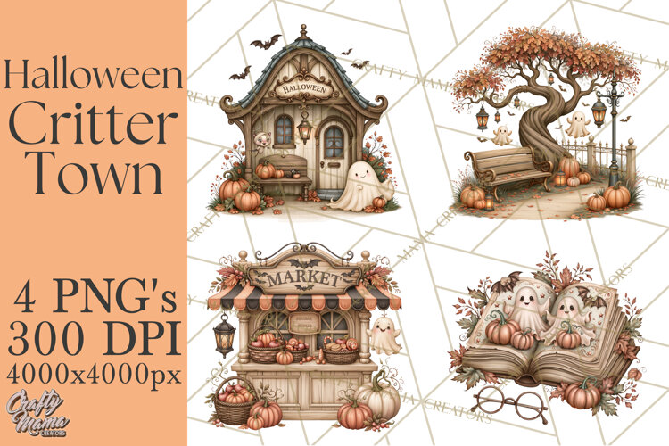 Halloween Critter Town Clipart PNG, Spooky Cottage Animals example image 1