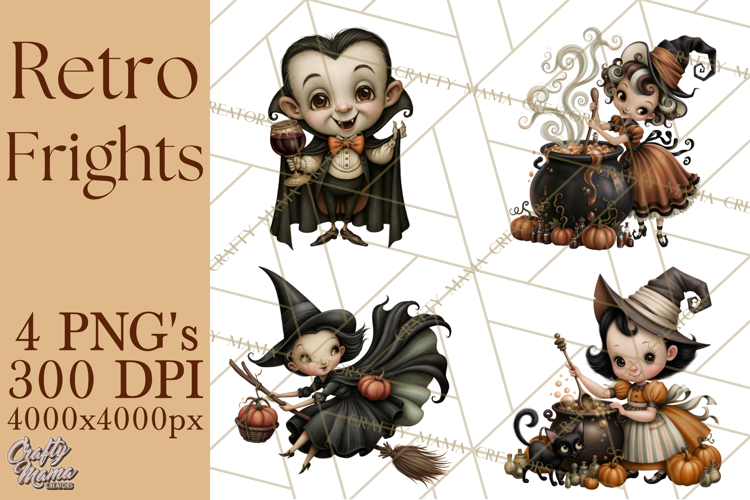 Vintage Halloween Clipart PNG, Halloween Retro Characters