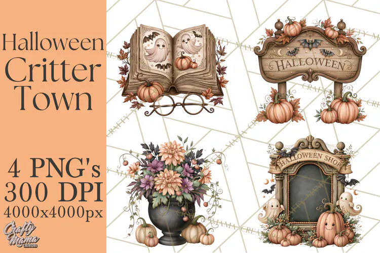 Halloween Critter Town Clipart PNG, Spooky Cottage Animals