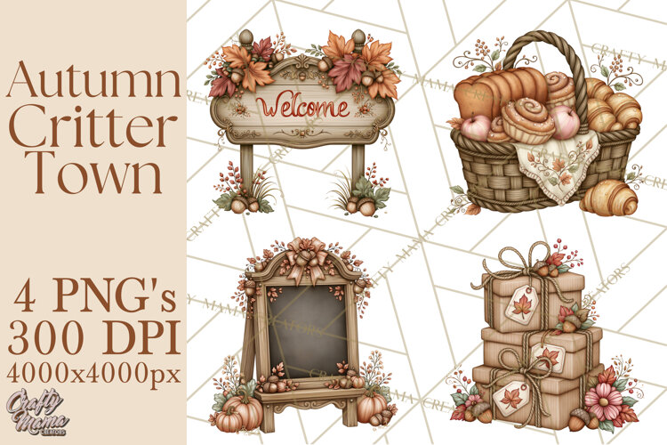 Autumn Critter Town Clipart PNG, Fall Cottage Animal Town example image 1