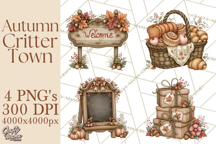 Autumn Critter Town Clipart PNG, Fall Cottage Animal Town