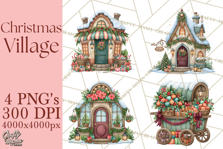 Christmas Village Clipart PNG, Winter Holiday Cottage Town example image 1