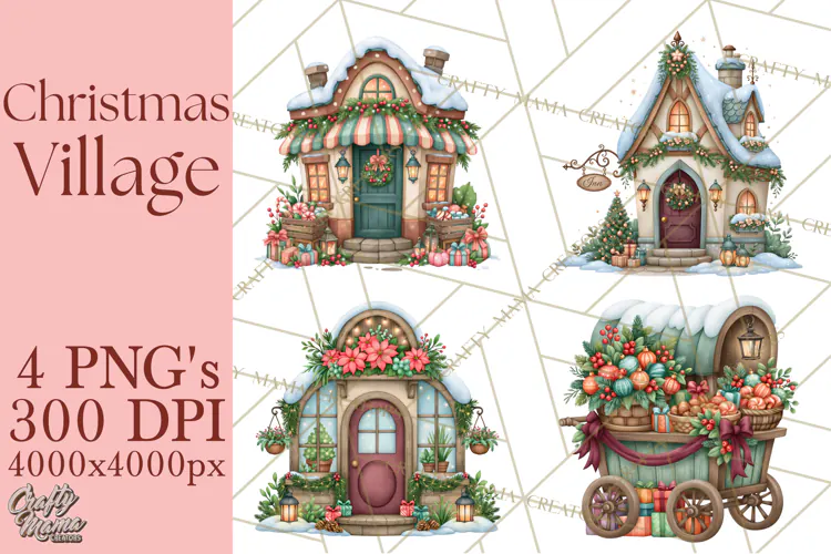 Christmas Village Clipart PNG, Winter Holiday Cottage Town