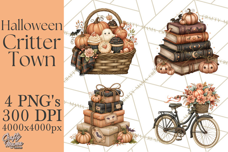 Halloween Critter Town Clipart PNG, Spooky Cottage Animals example image 1