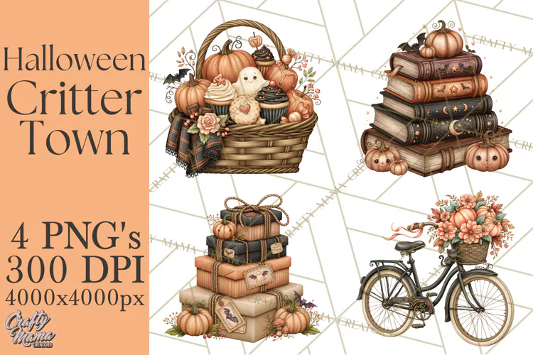 Halloween Critter Town Clipart PNG, Spooky Cottage Animals