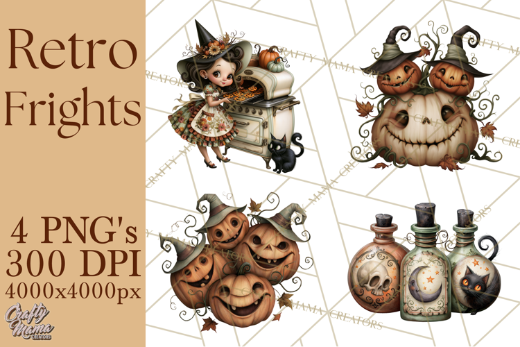 Vintage Halloween Clipart PNG, Halloween Retro Characters