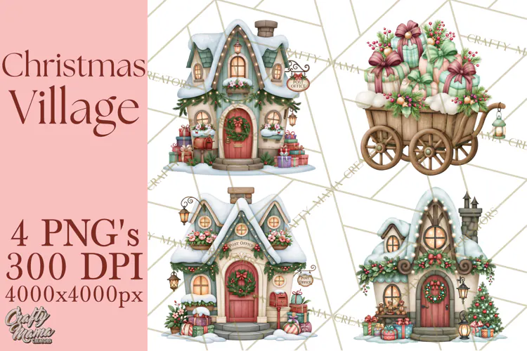 Christmas Village Clipart PNG, Winter Holiday Cottage Town