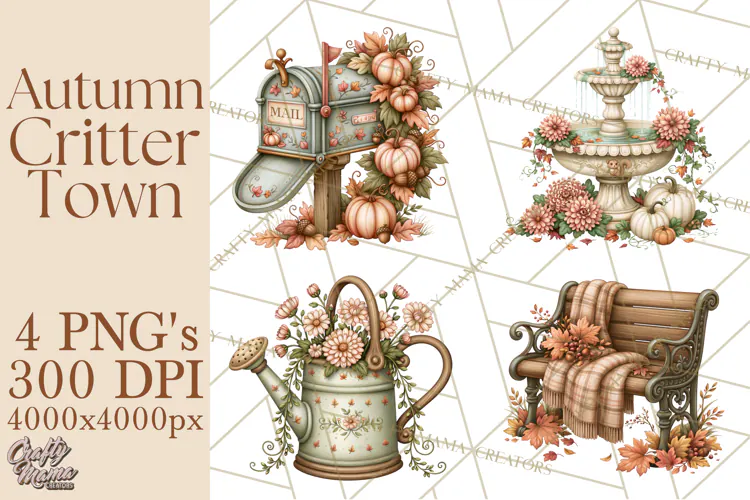 Autumn Critter Town Clipart PNG, Fall Cottage Animal Town