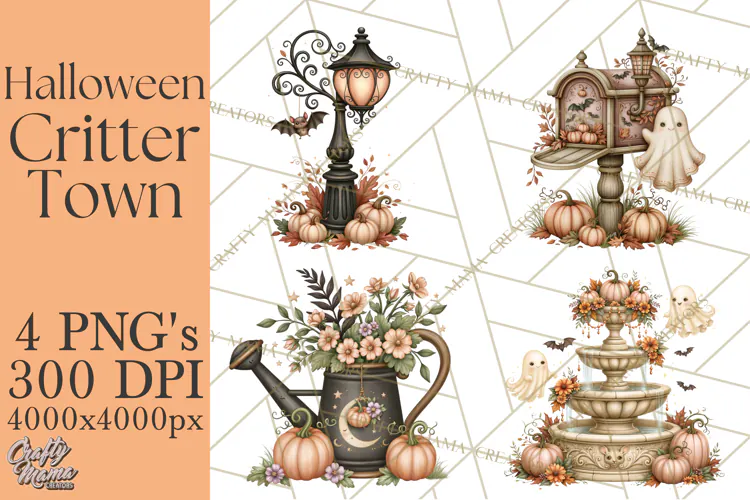 Halloween Critter Town Clipart PNG, Spooky Cottage Animals