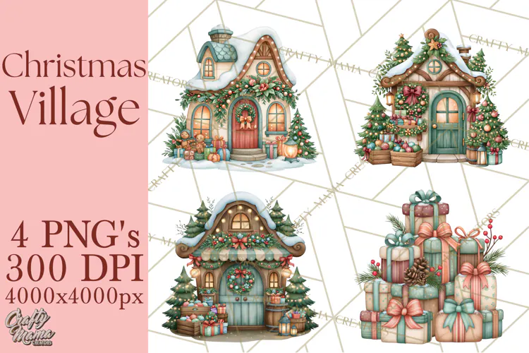 Christmas Village Clipart PNG, Winter Holiday Cottage Town