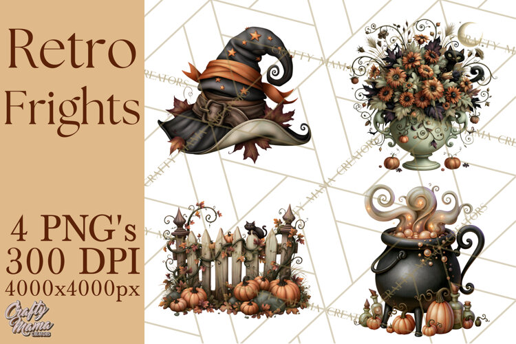 Vintage Halloween Clipart PNG, Halloween Retro Characters example image 1