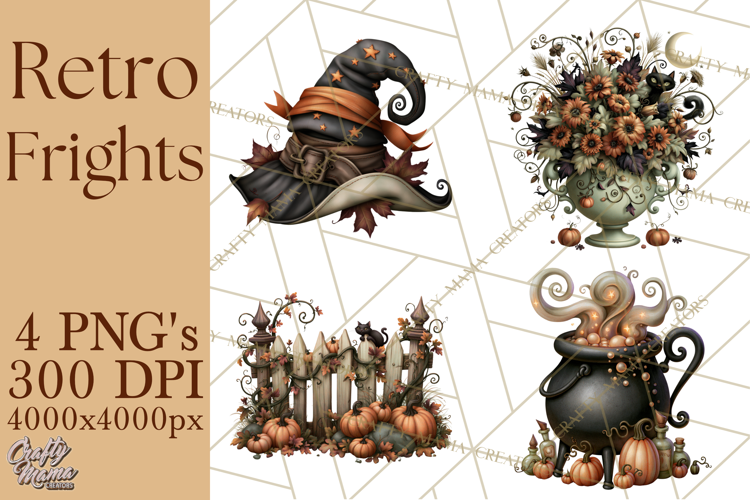 Vintage Halloween Clipart PNG, Halloween Retro Characters