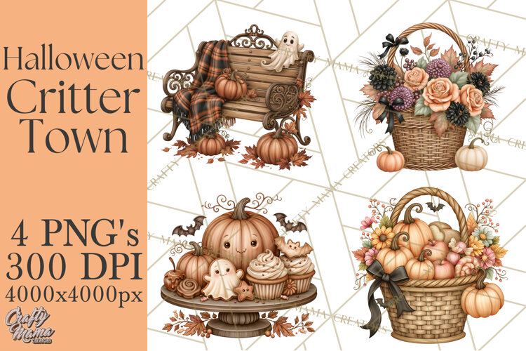 Halloween Critter Town Clipart PNG, Spooky Cottage Animals example image 1