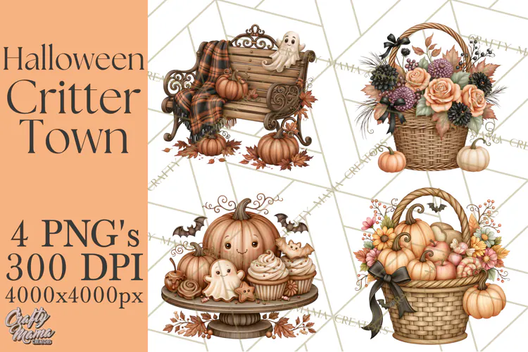 Halloween Critter Town Clipart PNG, Spooky Cottage Animals