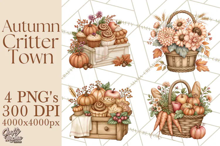 Autumn Critter Town Clipart PNG, Fall Cottage Animal Town