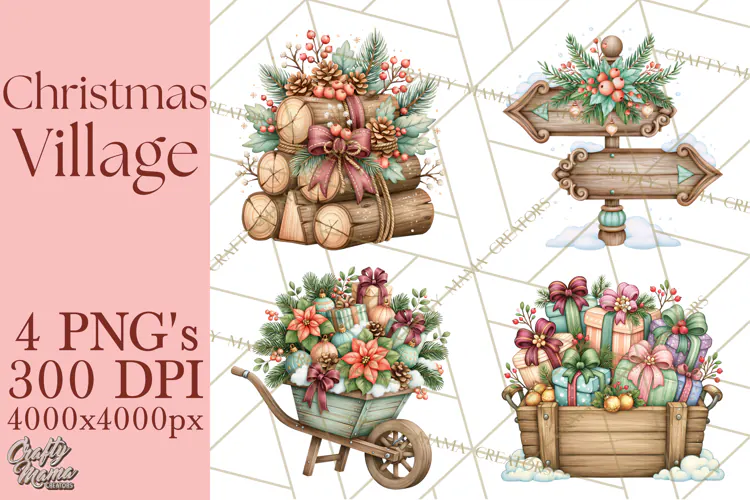 Christmas Village Clipart PNG, Winter Holiday Cottage Town